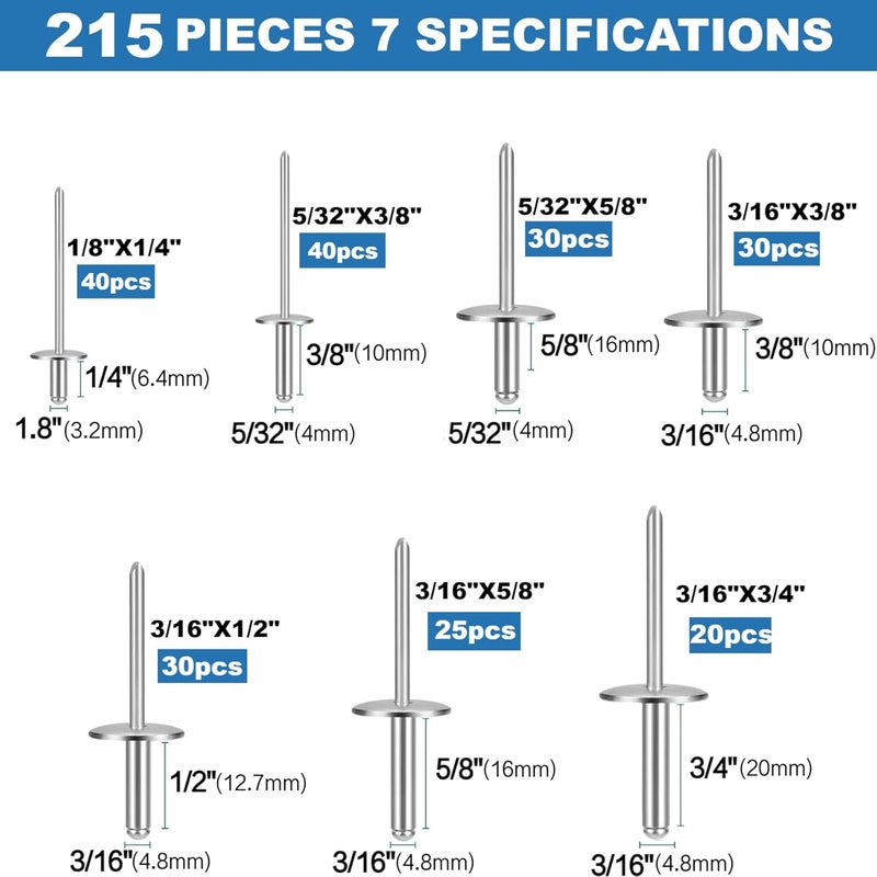 LAZIRO215PCS Pop Rivets Assortment Kit, Large Flange Aluminum Rivets(1/8" 5/32" 3/16") Assorted Blind Rivets with Case(Silver) (Rivets Assortment Kit) - Image 2